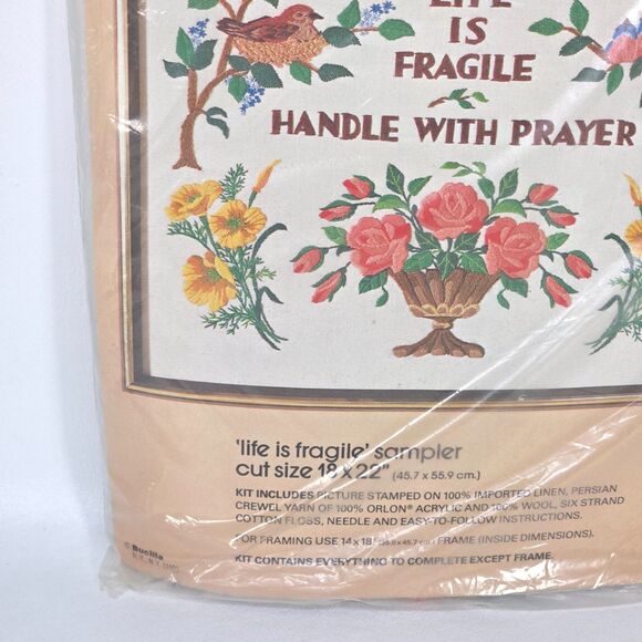Vintage Bucilla Life Is Fragile Cross Stitch Kit 3635 Needlecraft Sampler‎ Linen - Picture 5 of 11